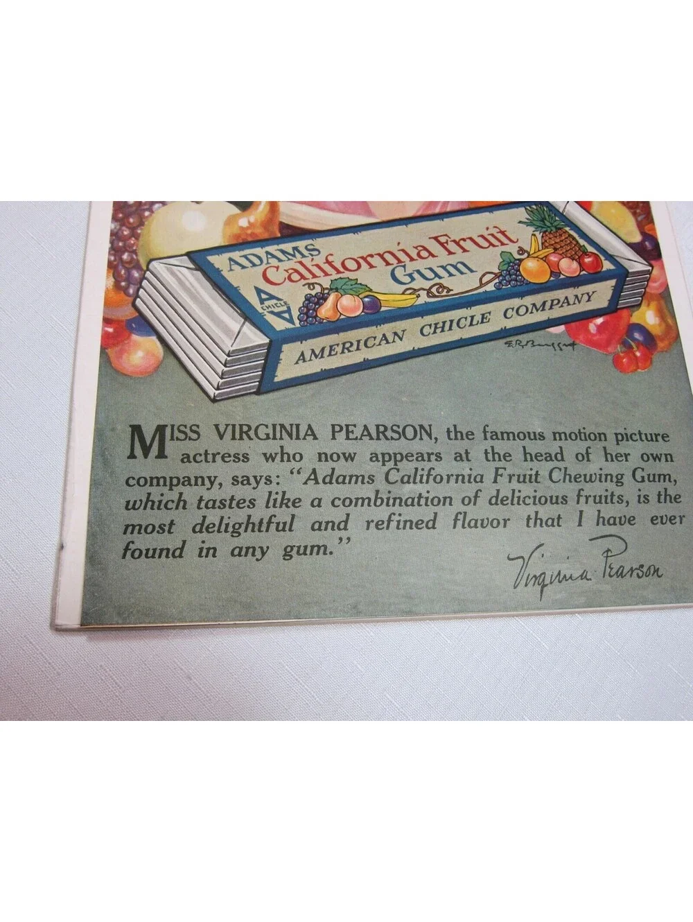 Antique 1919 Adams California Fruit Gum Ad Movie Star Virginia Pearson 14 x 9.5